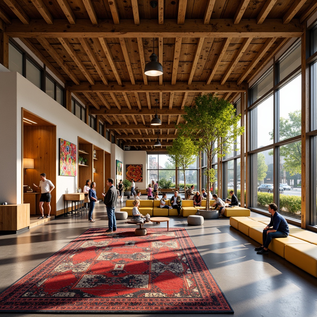 Prompt: Vibrant cultural center, rich ethnic patterns, warm earthy tones, natural wood accents, colorful textiles, eclectic artwork, lively community spaces, modern architecture, large windows, abundant natural light, soft warm lighting, shallow depth of field, 3/4 composition, panoramic view, realistic textures, ambient occlusion.