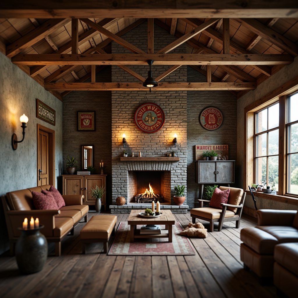 Prompt: Rustic farmhouse, exposed wooden beams, distressed wood planks, vintage metal signs, earthy color palette, natural stone walls, rough-hewn brick surfaces, reclaimed wood accents, worn leather furniture, cozy fireplace, warm candlelight, soft focus, shallow depth of field, 2/3 composition, rustic textures, ambient occlusion.