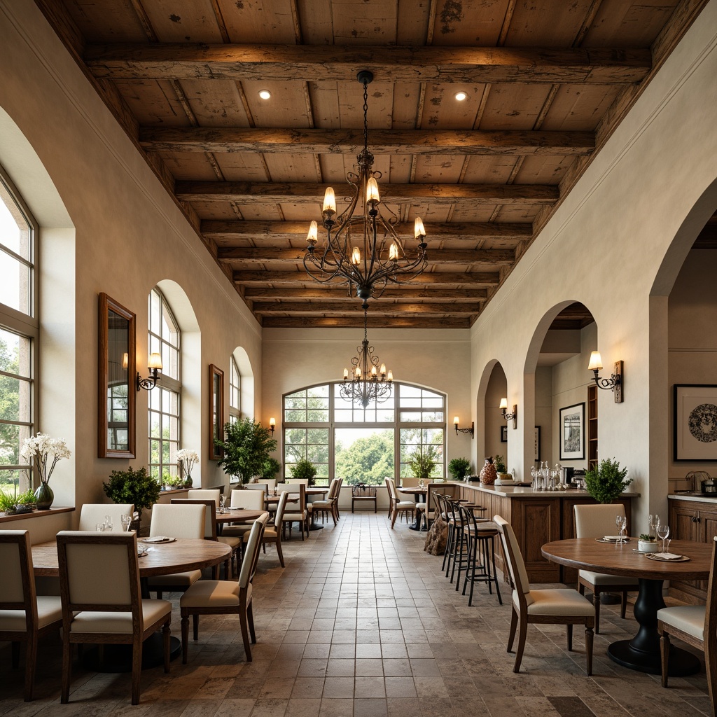 Prompt: Rustic wooden beams, distressed finishes, soft cream colors, elegant chandeliers, ornate metalwork, vintage-inspired lighting fixtures, natural stone accents, earthy tones, cozy atmosphere, warm ambient lighting, shallow depth of field, 1/2 composition, realistic textures, ambient occlusion.