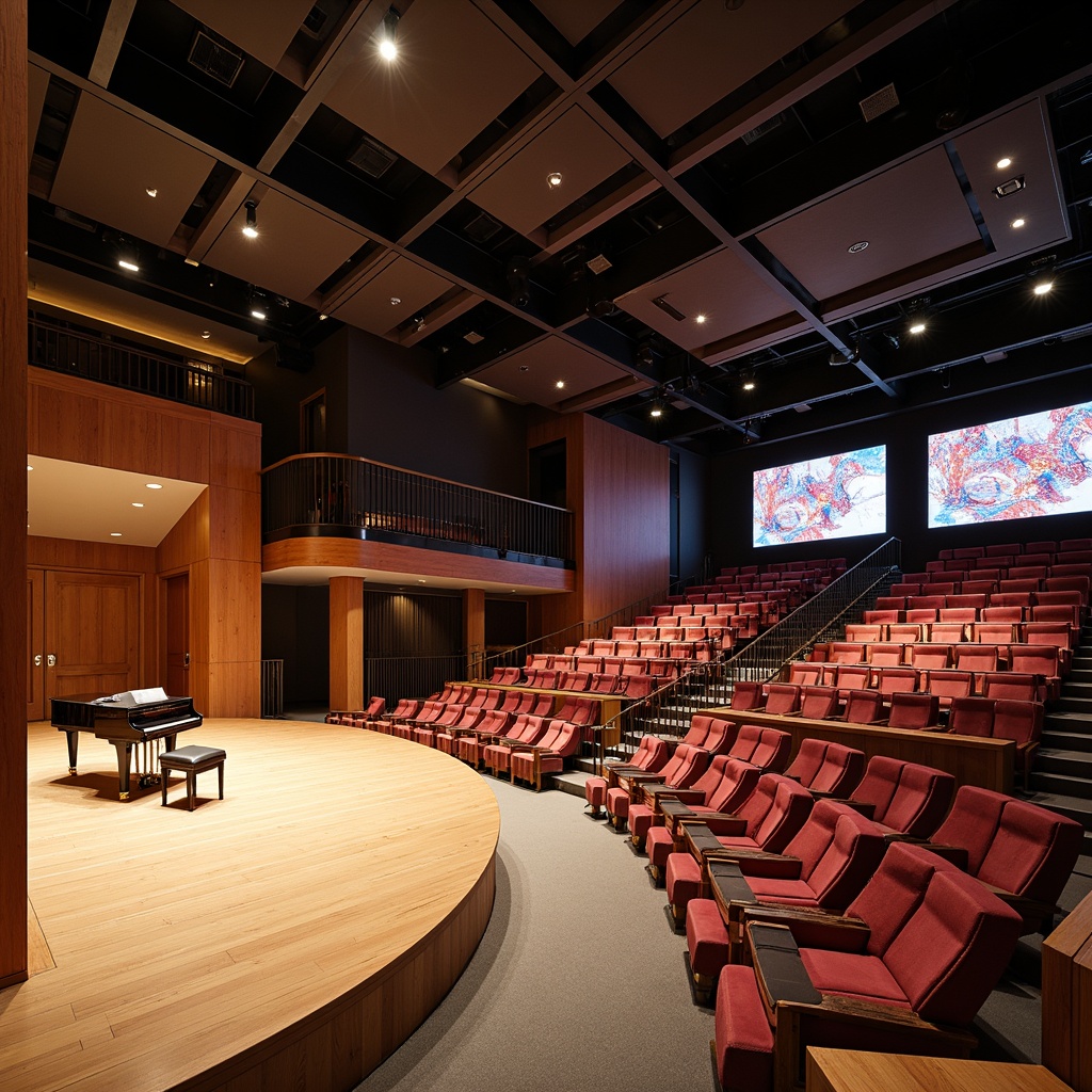 Prompt: Contemporary performing arts center, curved wooden stage, adjustable LED lighting, comfortable velvet seats, ornate metal railings, grand piano, acoustic panels, soundproofing materials, minimalist decor, open floor plan, flexible seating arrangements, moveable walls, retractable screens, state-of-the-art audio equipment, professional-grade microphones, vibrant colorful fabrics, abstract geometric patterns, warm atmospheric ambiance, softbox lighting, 1/2 composition, realistic textures, subtle reflections.