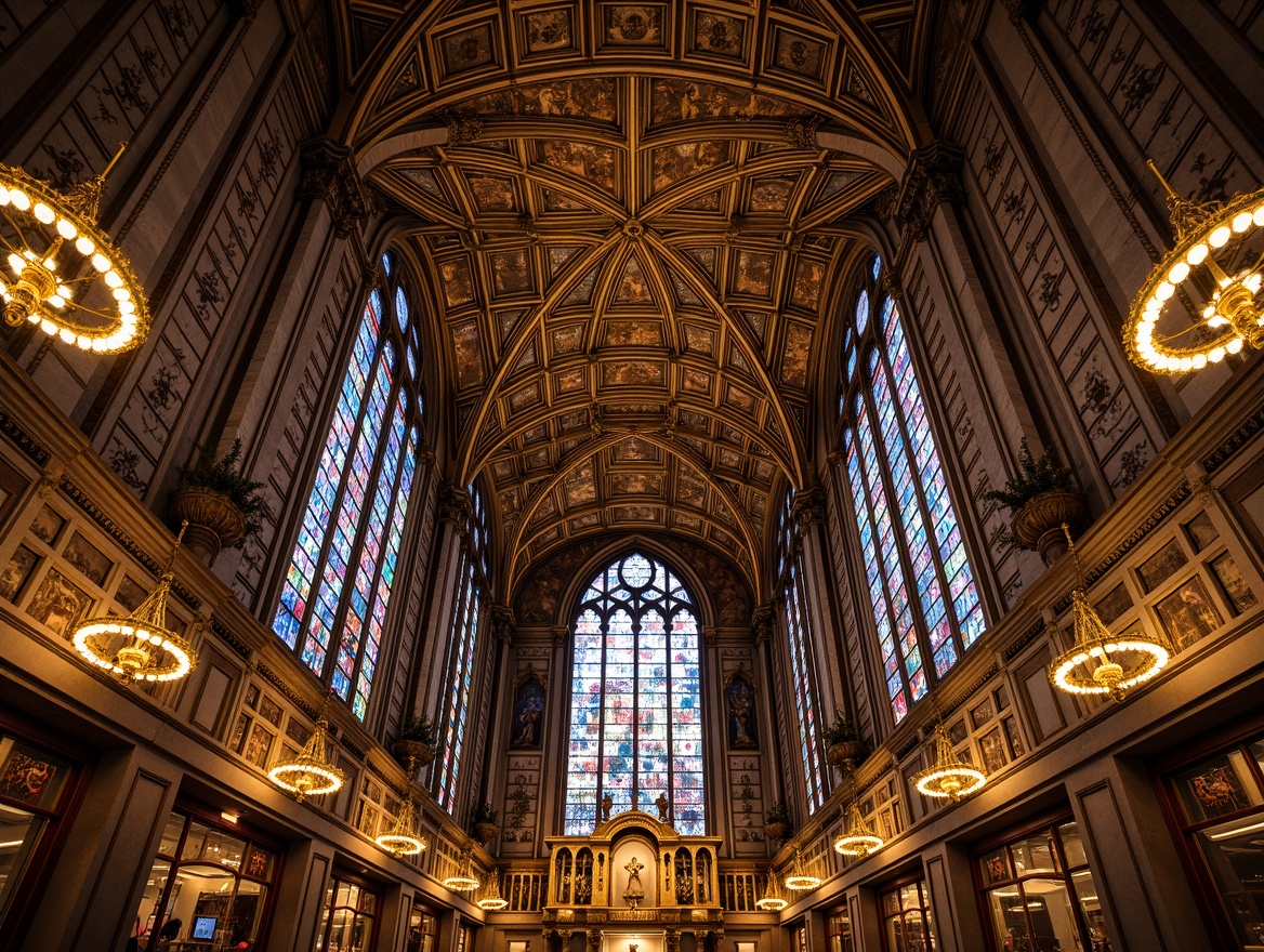 Prompt: Intricate Gothic church, ornate ceiling design, golden accents, vibrant stained glass windows, grand high ceilings, ribbed vaults, decorative arches, sacred frescoes, holy statues, lavish chandeliers, warm soft lighting, shallow depth of field, 1/1 composition, symmetrical view, realistic textures, ambient occlusion.