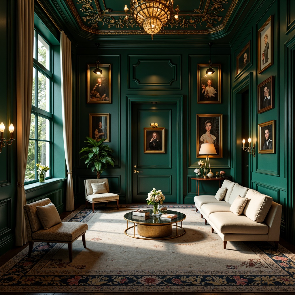 Prompt: Rich, luxurious atmosphere, opulent jewel tones, emerald green walls, navy blue accents, warm golden lighting, soft cream furnishings, velvety smooth textures, intricate ornate patterns, classic sophisticated architecture, high-end designer decor, lavish materials, indulgent ambiance, dramatic shadows, 1/1 composition, shallow depth of field, cinematic lighting, realistic reflections.