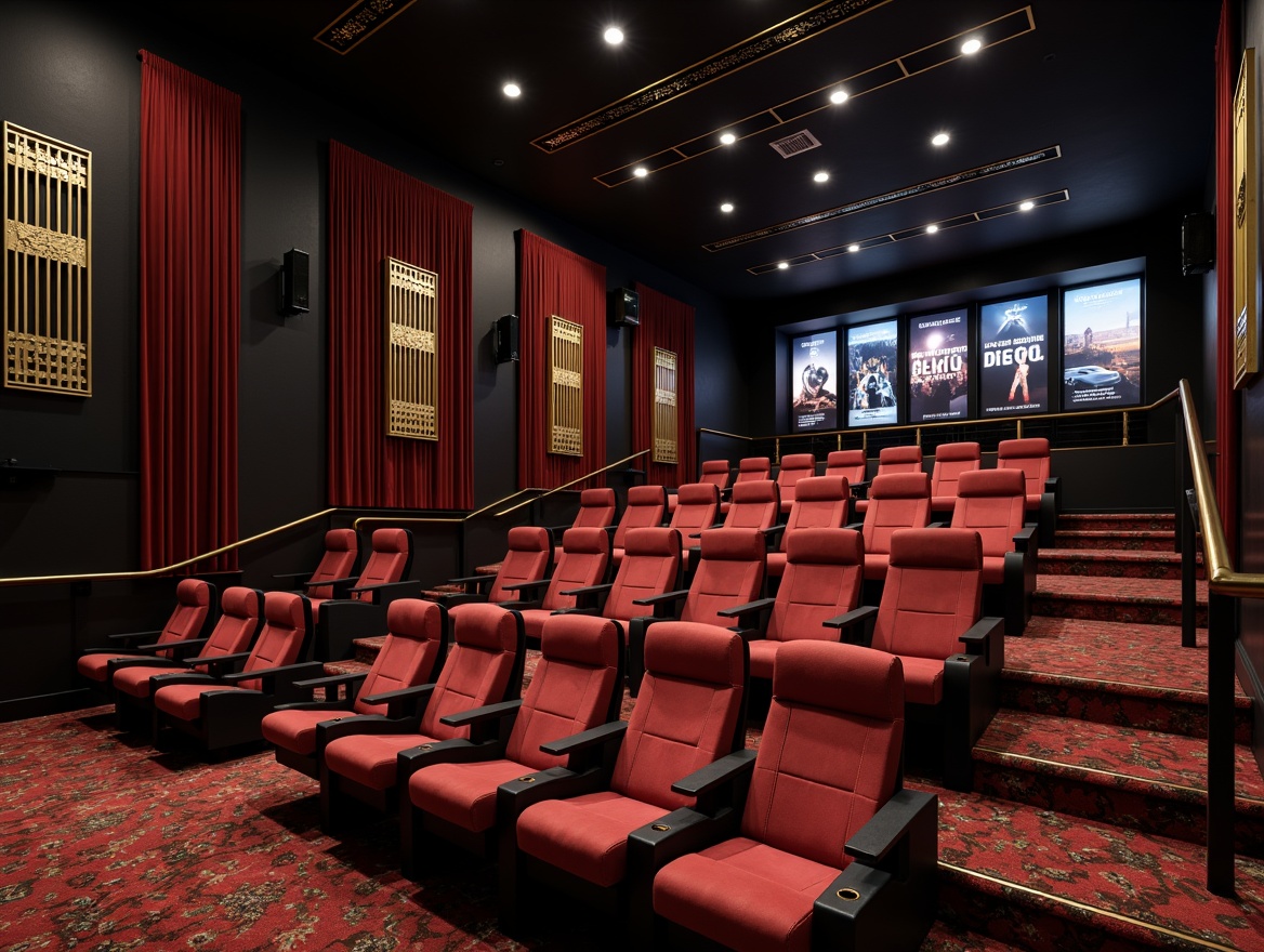 Prompt: Luxurious cinema interior, dark tones, rich velvet seats, polished chrome accents, gleaming glass surfaces, matte black walls, plush carpeting, sophisticated sound systems, ambient LED lighting, dramatic spotlights, ornate golden details, Art Deco patterns, bold red curtains, sleek metal railings, minimalist posters, cinematic screens, realistic textures, shallow depth of field, 1/1 composition, cinematic camera angle.