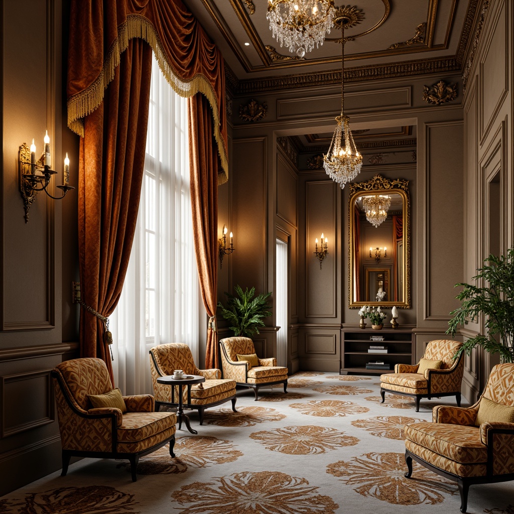 Prompt: Elegant interior space, rich velvet fabrics, ornate golden patterns, luxurious silk textiles, intricate embroidery details, refined brocade materials, majestic drapery, opulent tassel accents, stately upholstered furniture, carved wooden paneling, ornamental mirrors, crystal chandeliers, sophisticated neutral color palette, subtle sheen finishes, warm soft lighting, shallow depth of field, 1/1 composition, realistic textures, ambient occlusion.