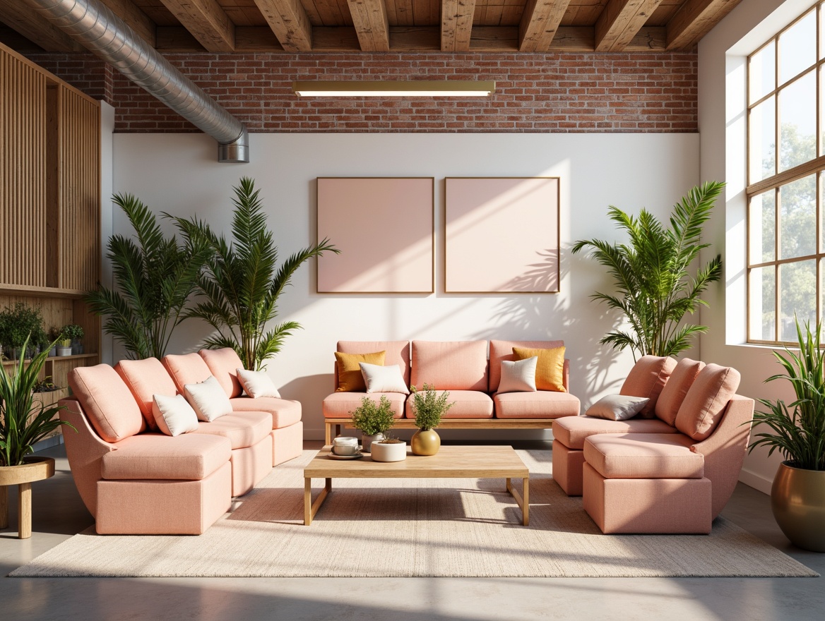 Prompt: Vibrant design studio, trendy furniture, pastel color palette, soft peach tones, creamy whites, rich wood accents, metallic gold details, industrial chic decor, exposed brick walls, modern minimalist aesthetic, natural light pouring in, shallow depth of field, 1/1 composition, warm atmospheric lighting, realistic textures, ambient occlusion.