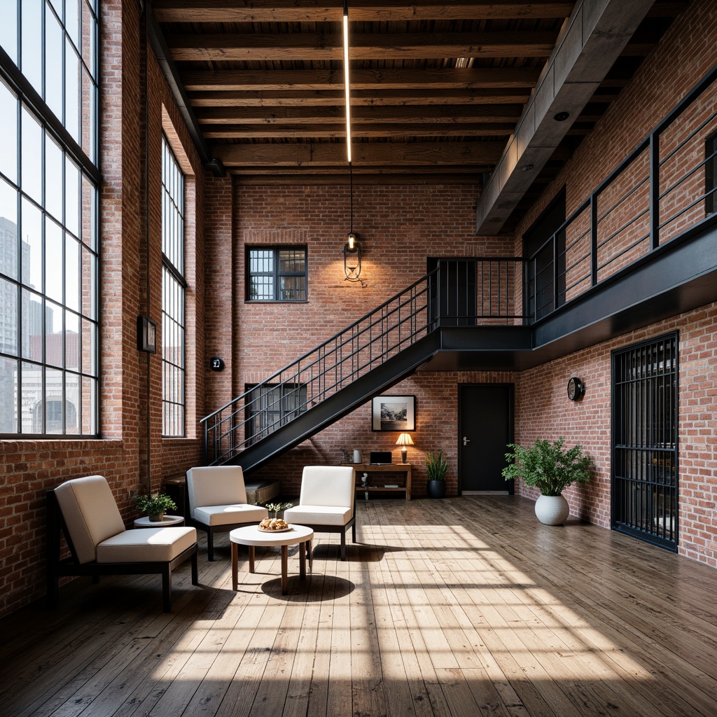 Prompt: Exposed brick walls, industrial chic atmosphere, metal accents, distressed wood flooring, reclaimed wooden beams, urban loft setting, modern lighting fixtures, sleek metal staircases, minimalist decor, neutral color palette, concrete floors, industrial-style windows, metal grid ceilings, pendant lightings, edgy textures, dramatic shadows, low-key ambient lighting, 3/4 composition, realistic reflections.