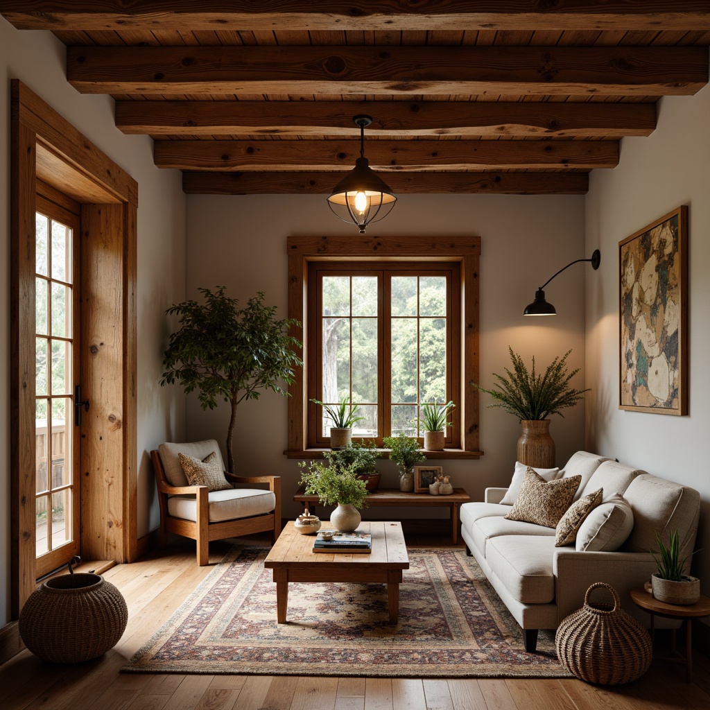 Prompt: Warm wooden accents, natural textures, earthy tones, rustic charm, exposed beams, reclaimed wood planks, vintage decorative trims, rich stains, matte finishes, woven baskets, natural fibers, organic patterns, soft warm lighting, shallow depth of field, 1/2 composition, intimate atmosphere, cozy nooks, traditional craftsmanship, authentic materials, classic proportions.