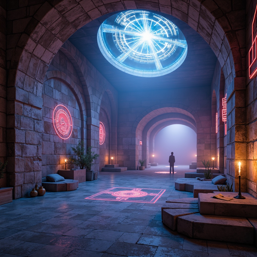 Prompt: \Mystical monastery, futuristic ambiance, metallic accents, iridescent hues, neon-lit corridors, holographic projections, ambient LED lights, minimalist stone walls, polished concrete floors, sacred artifacts, ancient tomes, cryptic symbols, ethereal fog, soft diffused lighting, shallow depth of field, 1/1 composition, cinematic view, realistic reflections, subtle lens flares.\