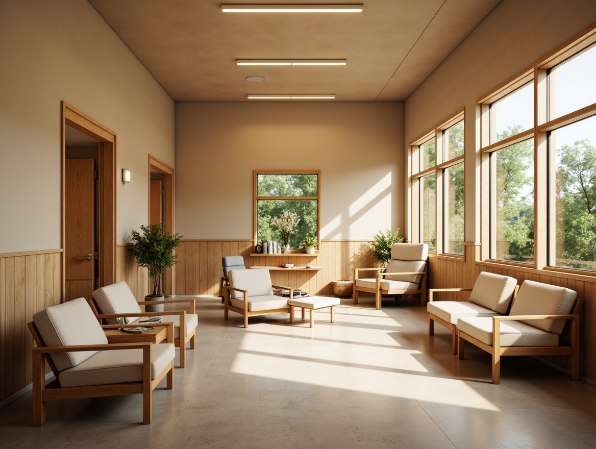 Prompt: Calming rehabilitation center, warm beige walls, soothing natural light, gentle diffused lighting, innovative LED fixtures, modern minimalist design, sleek metal frames, soft ambient glow, comfortable seating areas, acoustic panels, sound-absorbing materials, peaceful atmosphere, natural wood accents, large windows, outdoor garden views, gentle color palette, relaxing ambiance, 1/1 composition, softbox lighting, subtle shadows, realistic textures.