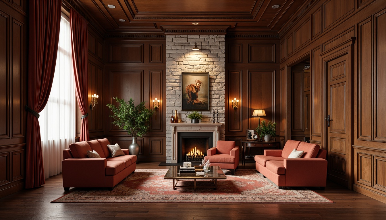 Prompt: Luxurious living room, rich wood paneling, ornate moldings, velvety soft couches, plush area rugs, metallic accents, glossy coffee tables, textured stone walls, ambient warm lighting, cozy atmosphere, 1/1 composition, shallow depth of field, realistic material renderings.