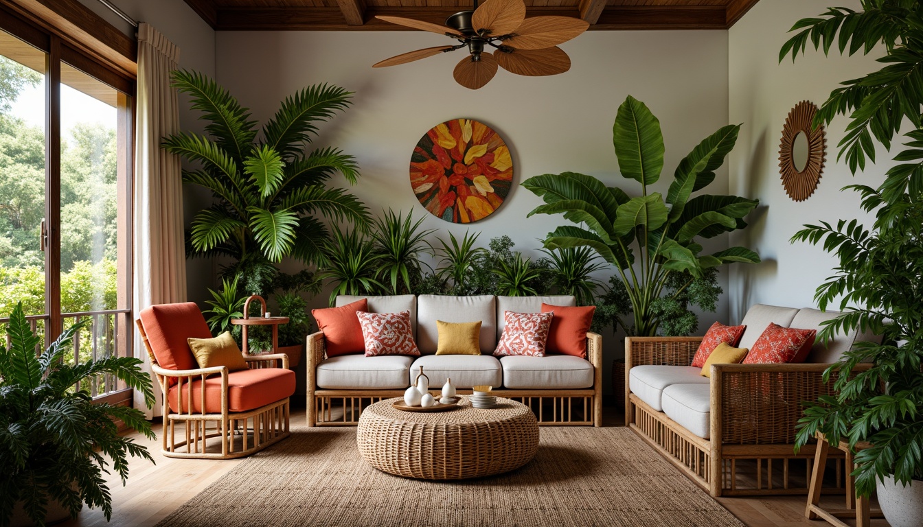 Prompt: Vibrant tropical living room, lush greenery, exotic plants, wicker rattan furniture, natural wood accents, colorful textiles, patterned throw pillows, eclectic decorative objects, warm ambient lighting, soft diffused shadows, 1/1 composition, realistic renderings, ambient occlusion, rattan coffee table, plush area rug, statement wall art, wooden ceiling fan, tropical-inspired sculptures.