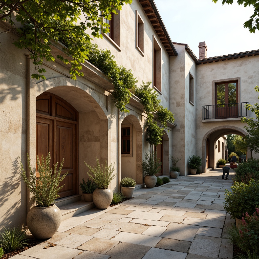 Prompt: Rustic museum exterior, French country style, weathered stone fa\u00e7ade, soft cream walls, distressed wood accents, ornate metalwork, elegant archways, lush greenery, flowering vines, serene courtyard, natural stone flooring, warm beige tones, soft gold lighting, subtle gradient effects, atmospheric misting, 1/1 composition, intimate focal length, realistic textures, ambient occlusion.