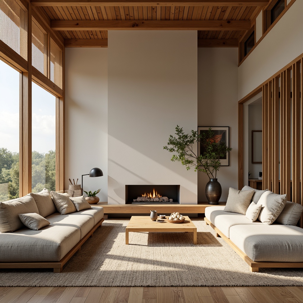 Prompt: Cozy living room, plush furniture, soft cushions, warm wood accents, calming color palette, sound-absorbing acoustic panels, woven fabric textures, natural wood frames, modern minimalist design, floor-to-ceiling windows, diffused soft lighting, relaxed atmosphere, 1/1 composition, shallow depth of field, realistic materials, ambient occlusion.