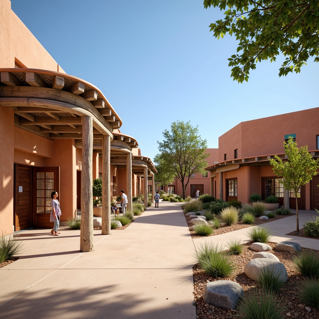 Prompt: Vibrant southwestern campus, warm adobe buildings, earthy terracotta roofs, turquoise accents, sandy beige walkways, lush greenery, cacti plants, hot sunny day, clear blue sky, vast open spaces, modern southwestern architecture, curved lines, ornate metalwork, colorful tile murals, rustic wooden doors, natural stone columns, soft warm lighting, shallow depth of field, 3/4 composition, panoramic view, realistic textures, ambient occlusion.