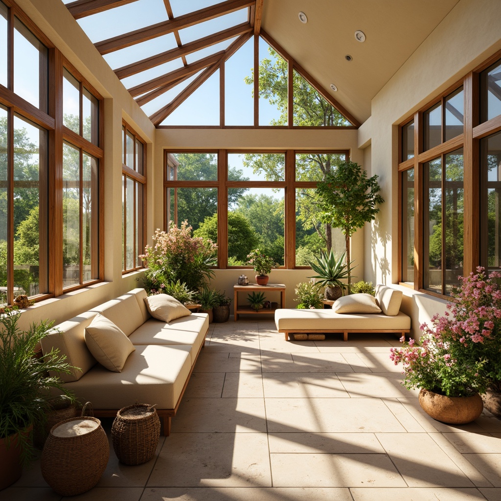 Prompt: Vibrant sunroom, warm beige walls, soft creamy furniture, lush greenery, blooming flowers, natural wood accents, calming blue sky, bright sunny day, gentle warm lighting, shallow depth of field, 1/1 composition, realistic textures, ambient occlusion, comfortable seating areas, rustic terracotta pots, woven wicker baskets, earthy tone ceramics.