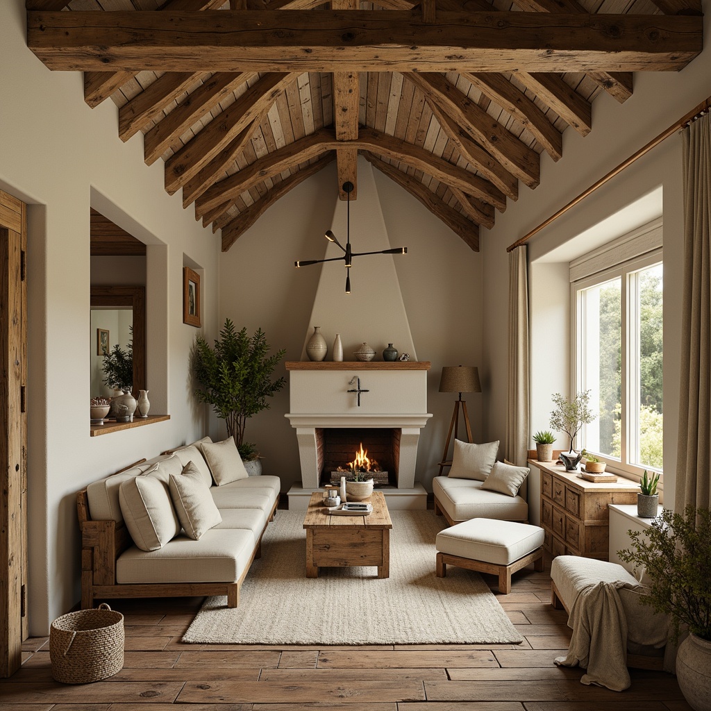 Prompt: Rustic farmhouse interior, earthy color palette, warm beige walls, distressed wood accents, vintage metal decor, natural linen fabrics, soft creamy whites, muted sage greens, weathered wooden beams, exposed brick surfaces, cozy candlelit ambiance, softbox lighting, shallow depth of field, 2/3 composition, inviting warmth, realistic textures, ambient occlusion.