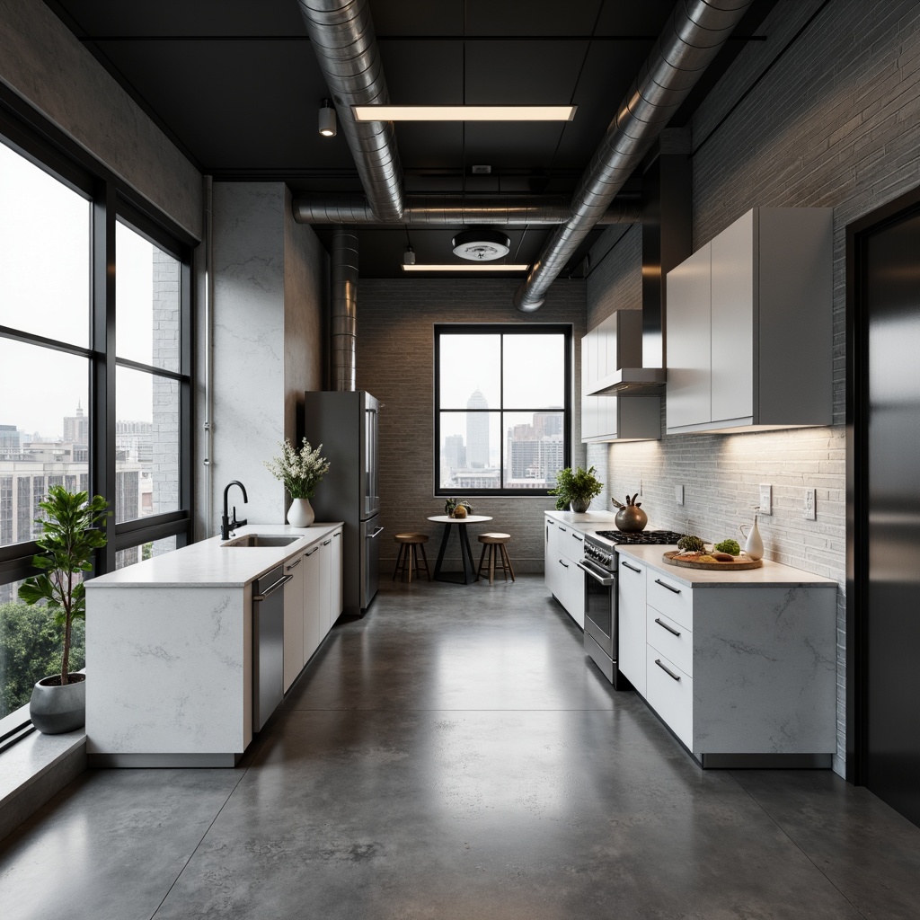 Prompt: Monochromatic kitchen, sleek appliances, stainless steel refrigerators, compact dishwashers, minimalist cabinetry, handle-free doors, quartz countertops, industrial-style lighting, exposed ductwork, polished concrete floors, urban loft setting, natural light pouring in, soft shadows, 1/1 composition, shallow depth of field, realistic textures.