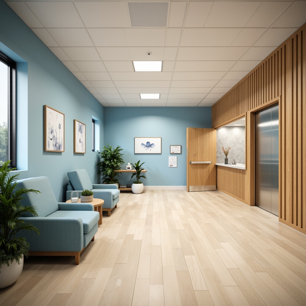 Prompt: Calming healthcare facility, soothing color scheme, pale blue walls, warm beige floors, natural wood accents, gentle greenery, soft indirect lighting, comfortable seating areas, calming artwork, peaceful waiting rooms, serene corridors, medical equipment, stainless steel surfaces, subtle texture patterns, minimal ornamentation, calming atmosphere, relaxing ambiance, shallow depth of field, 1/1 composition, realistic renderings, ambient occlusion.