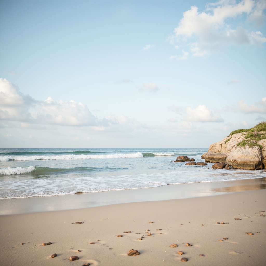 Prompt: Calming ocean waves, soft sandy beach, serene sky, gentle sea breeze, peaceful atmosphere, soothing blues, creamy whites, warm beiges, natural wood accents, subtle texture, organic shapes, minimalist decor, cozy ambiance, warm lighting, shallow depth of field, 1/1 composition, realistic renderings, ambient occlusion.