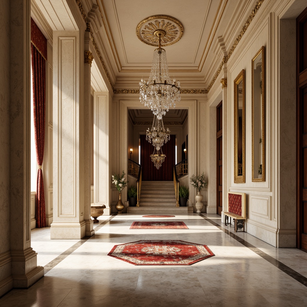 Prompt: Grandiose columns, ornate carvings, polished marble floors, intricately patterned rugs, luxurious velvet drapes, gilded frames, crystal chandeliers, richly stained wood paneling, ornamental moldings, subtle cream hues, soft warm lighting, shallow depth of field, 1/1 composition, symmetrical arrangement, realistic textures, ambient occlusion.