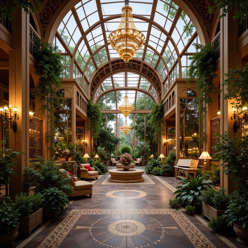 Prompt: Lavish greenhouse interior, ornate baroque details, curved lines, intricate patterns, grand chandeliers, opulent furnishings, velvet drapes, gilded frames, ornamental mirrors, lush greenery, tropical plants, exotic flowers, natural stone floors, marble countertops, intricate mosaics, warm golden lighting, soft focus, shallow depth of field, 1/2 composition, intimate atmosphere, realistic textures, ambient occlusion.