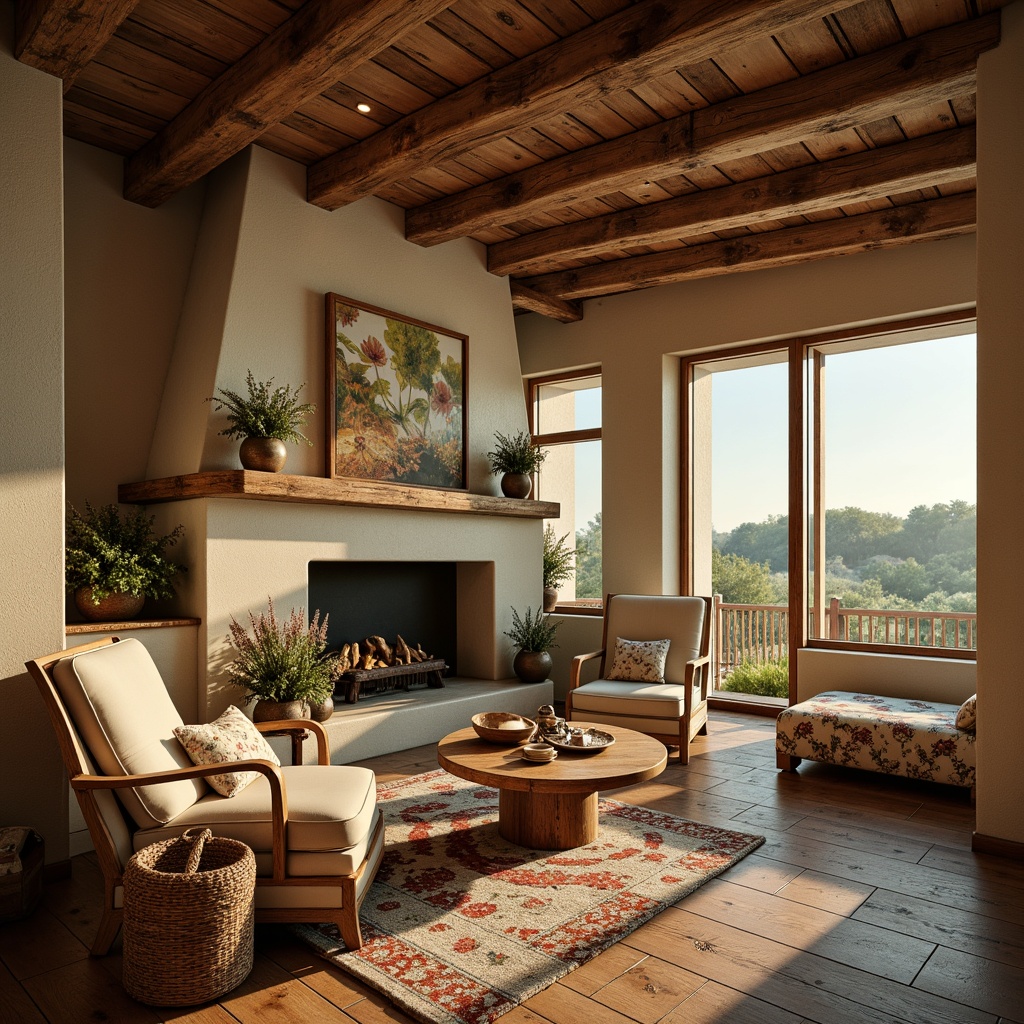 Prompt: Rustic farmhouse, distressed wood accents, soft golden lighting, warm beige walls, vintage furniture pieces, floral patterns, muted red and blue hues, creamy whites, weathered stone fireplaces, earthy terracotta floors, lush greenery, sun-kissed fields, gentle morning mist, soft focus, shallow depth of field, 1/1 composition, realistic textures, ambient occlusion.