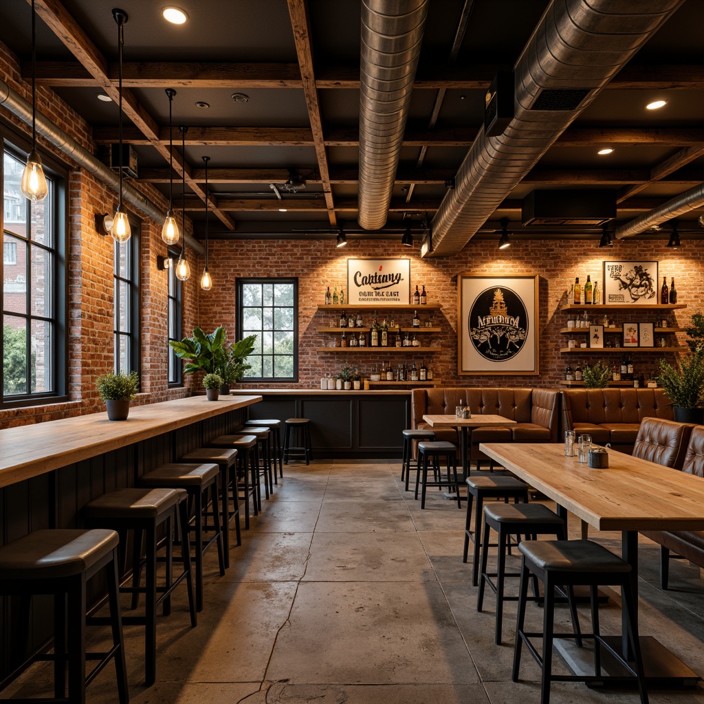 Prompt: Modern industrial bar, reclaimed wood accents, metal stools, Edison bulb lighting, exposed brick walls, rustic wooden tables, vintage beer signs, distressed leather sofas, minimalist decor, urban loft atmosphere, warm dim lighting, shallow depth of field, 1/1 composition, realistic textures.