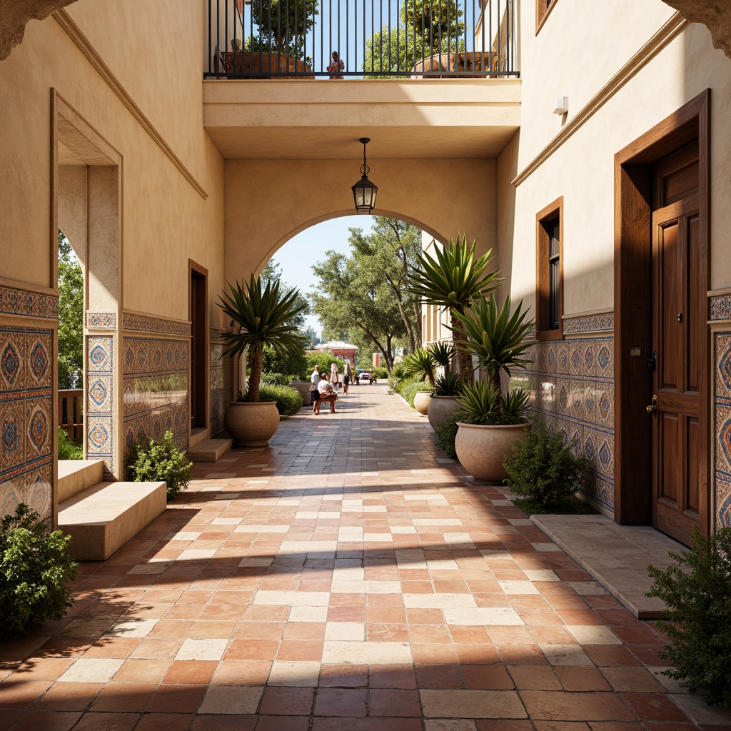 Prompt: Warm Mediterranean ambiance, soft beige walls, decorative ceramic tiles, rustic terracotta flooring, azure blue accents, natural stone textures, intricate mosaics, hand-painted patterns, ornate borders, earthy tone color palette, sunny day lighting, shallow depth of field, 1/1 composition, realistic reflections, ambient occlusion.