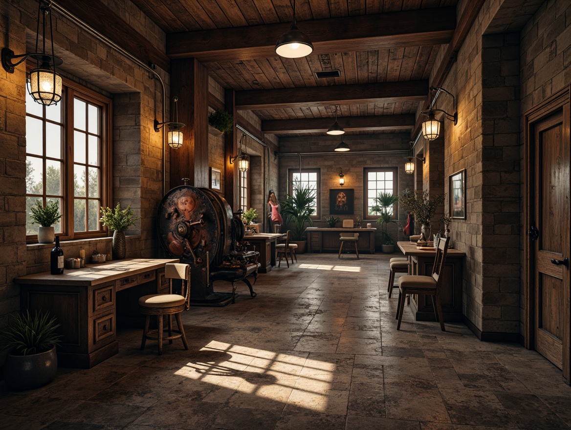 Prompt: Rustic stone walls, distressed wooden planks, rough-hewn granite floors, ornate metalwork, aged copper accents, vintage machinery, industrial chic aesthetic, moody atmospheric lighting, high-contrast shadows, shallow depth of field, 1/2 composition, cinematic perspective, realistic texture mapping, ambient occlusion, subtle grain overlay.