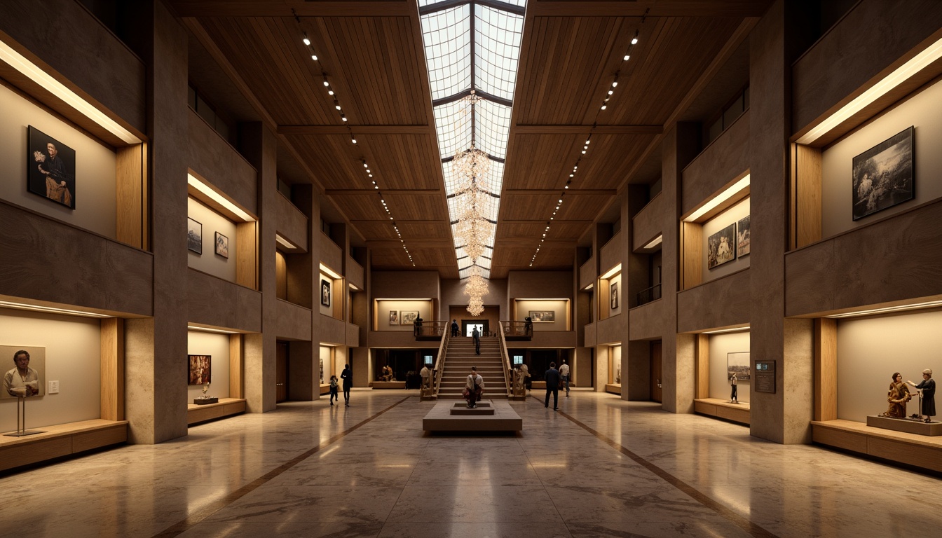 Prompt: Sophisticated museum interior, high ceiling, grand staircase, elegant chandeliers, LED strip lights, warm ambient glow, spotlight exhibits, track lighting systems, suspended lamps, minimalist fixtures, polished marble floors, vast open spaces, dramatic shadows, soft diffused lighting, 1/1 composition, symmetrical framing, realistic reflections, subtle color grading.