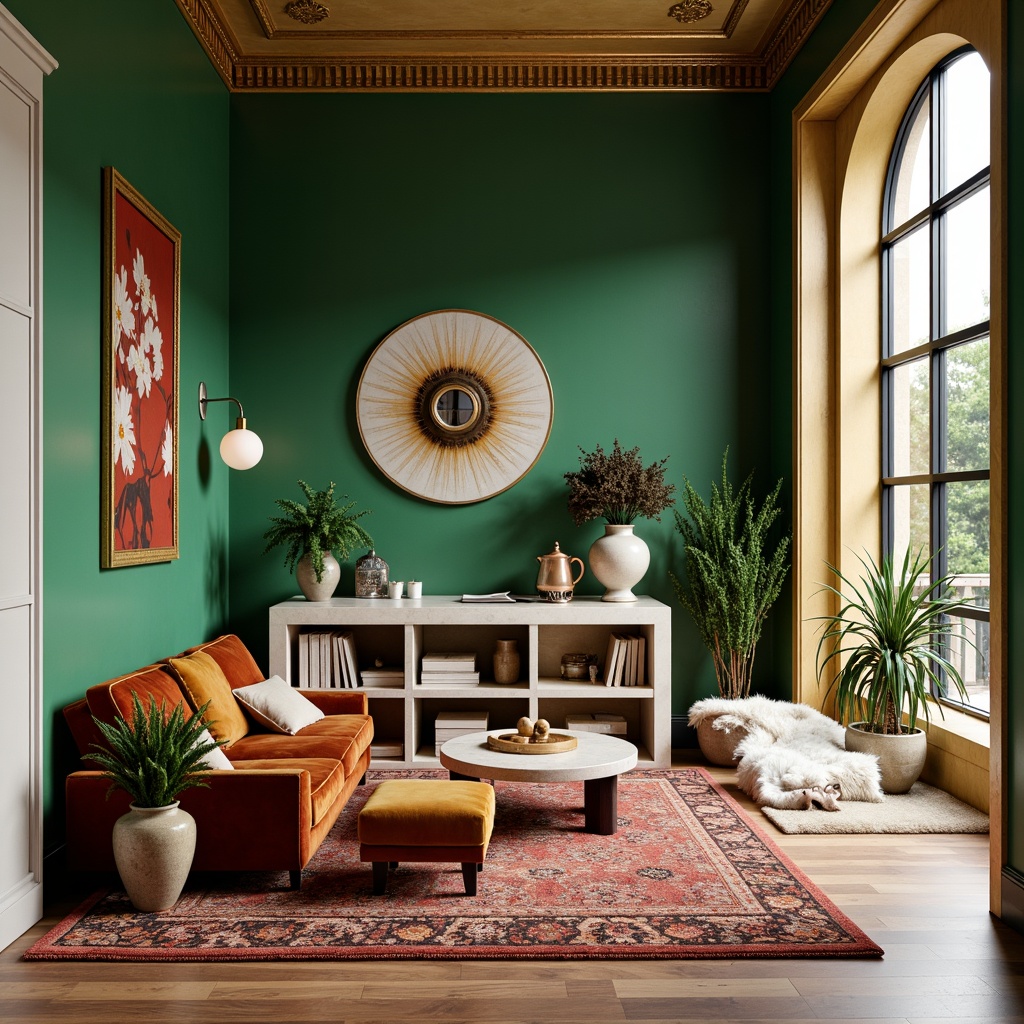 Prompt: Vibrant living room, bold furniture, rich velvet fabrics, emerald green walls, golden metallic accents, creamy marble countertops, soft warm lighting, cozy atmosphere, natural wood flooring, plush area rugs, eclectic decorative accessories, abstract artwork, oversized windows, airy open layout, 1/1 composition, realistic textures, ambient occlusion.