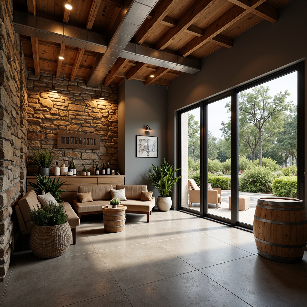 Prompt: Rustic winery, natural stone walls, reclaimed wood accents, earthy tones, vintage wine barrels, modern metalwork, industrial chic lighting, sleek glass doors, minimalist decor, concrete floors, exposed ductwork, wooden ceiling beams, warm ambient lighting, shallow depth of field, 1/2 composition, realistic textures, soft focus effect.