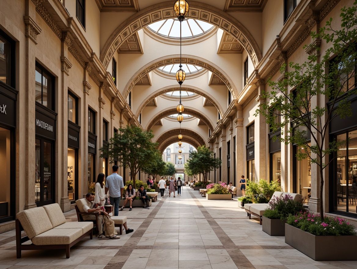 Prompt: \Elegant shopping arcade, ornate Renaissance columns, marble floors, vaulted ceilings, grand archways, intricate stone carvings, ornamental fountains, lush greenery, vibrant flowers, luxurious boutiques, upscale brand logos, gleaming chandeliers, warm soft lighting, shallow depth of field, 1/2 composition, symmetrical framing, high-contrast textures, ambient occlusion.\