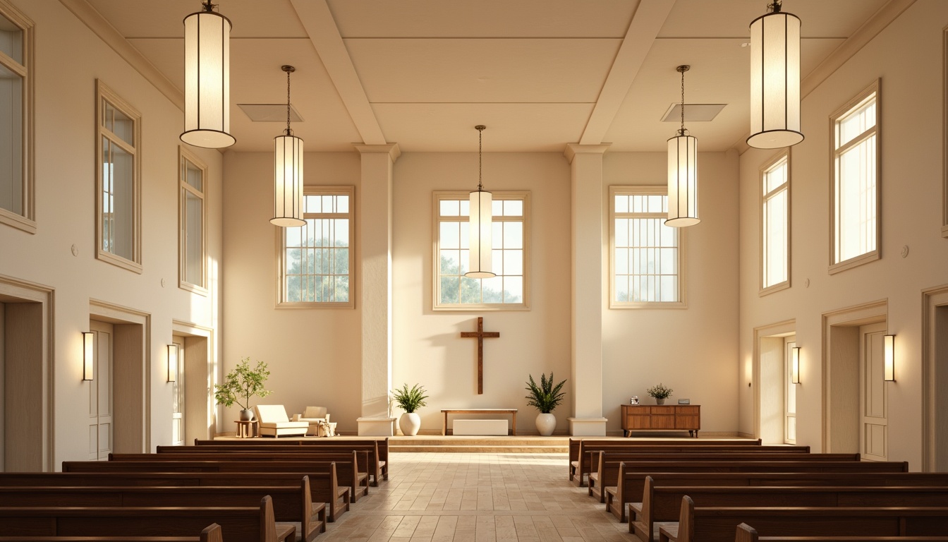 Prompt: Minimalist worship hall, serene ambiance, soft warm lighting, cream-colored walls, polished wooden floors, elegant chandeliers, stained glass windows, subtle patterns, gentle arches, vaulted ceilings, peaceful atmosphere, natural stone accents, simple furnishings, quiet reflection areas, calming color palette, muted tones, solemn mood, respectful silence, shallow depth of field, 1/1 composition, symmetrical view.