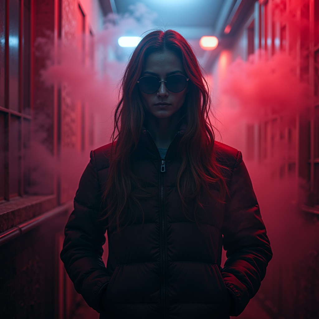 Prompt: 1 aspect ratio, atmospheric fog effects, vibrant crimson hues, metallic silver highlights, mysterious blue undertones, sophisticated neutral backgrounds, high-contrast dramatic lighting, 3/4 composition, cinematic camera angles.