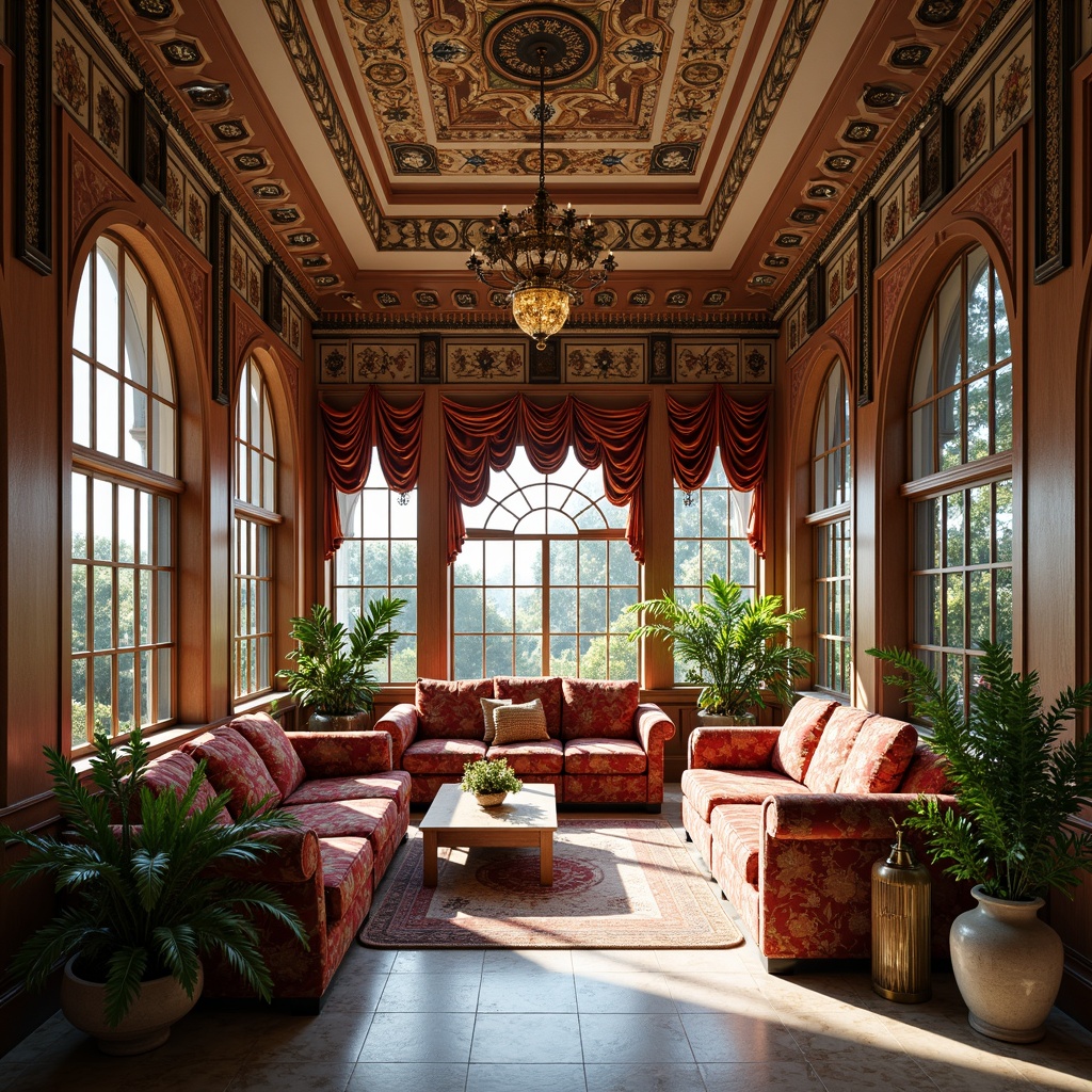 Prompt: Ornate sunroom, intricately molded details, ornamental plasterwork, curved wooden frames, stained glass windows, vibrant floral patterns, rich velvet drapes, luxurious furnishings, polished marble floors, grand chandeliers, soft warm lighting, shallow depth of field, 1/2 composition, realistic textures, ambient occlusion.