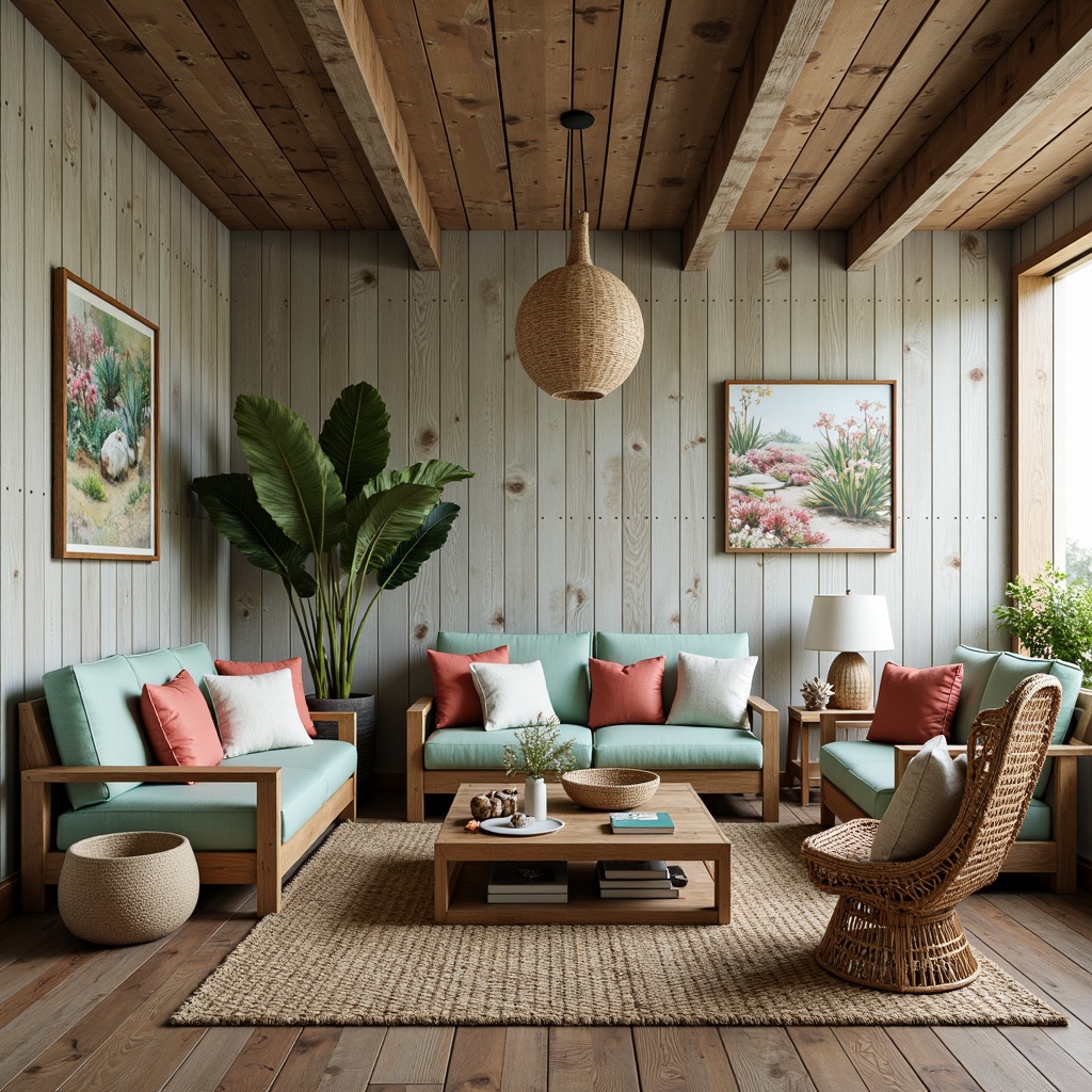 Prompt: Driftwood accent walls, weathered wooden floors, ocean-inspired color palette, seafoam green upholstery, coral patterned throw pillows, natural fiber rugs, reclaimed wood coffee tables, wicker peacock chairs, nautical rope details, shell-shaped decorative accents, beachy lantern lighting, soft warm glow, 1/2 composition, cozy intimate atmosphere, rustic distressed finishes, ocean breeze sounds, sunny afternoon ambiance.