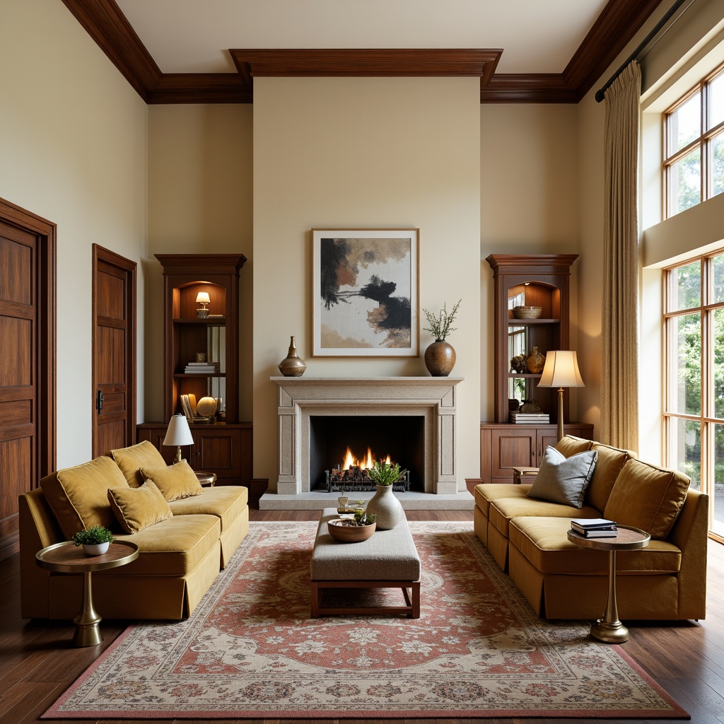 Prompt: Elegant living room, soft warm beige walls, rich walnut wood furniture, plush velvet sofas, golden metal accents, vintage rug patterns, earthy tone ceramics, natural stone fireplace, large windows, abundant natural light, subtle gradient color transitions, harmonious 60-30-10 color ratio, soothing atmosphere, relaxed ambiance.