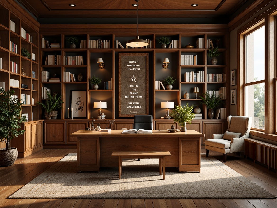 Prompt: Cozy academic office, wooden desk, comfortable seating, bookshelves, inspirational quotes, natural wood accents, earthy color scheme, soft warm lighting, table lamps, floor lamps, pendant lights, recessed lighting, ambient glow, subtle shadows, 1/1 composition, realistic textures, warm color temperature, morning light, gentle highlights.