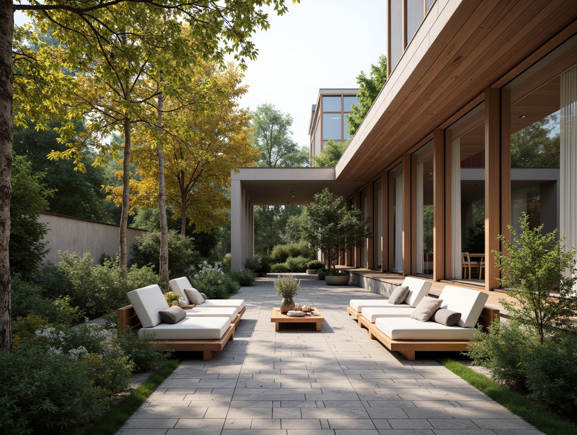 Prompt: Minimalist courtyard, natural stone flooring, lush greenery, wooden benches, modern Scandinavian architecture, large windows, sliding glass doors, Nordic-inspired furniture, cozy textiles, warm ambient lighting, soft color palette, 1/1 composition, shallow depth of field, realistic wood textures, subtle gradient effects, peaceful atmosphere.