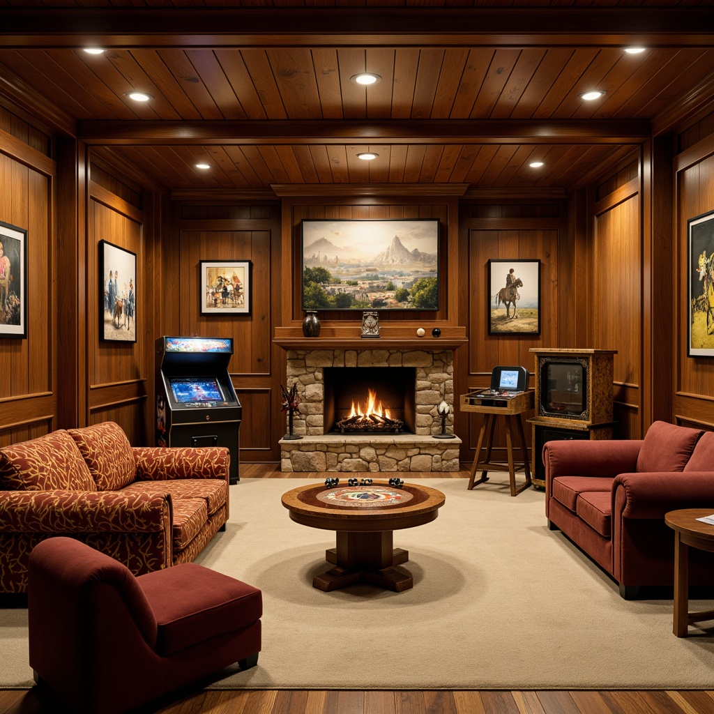 Prompt: Cozy game room, rich wood paneling, warm golden lighting, plush velvet sofas, ornate wooden tables, vintage board games, classic video games, retro arcade machines, nostalgic posters, rustic stone fireplace, comfortable leather armchairs, soft cream-colored carpets, subtle texture details, atmospheric smoke effects, dramatic spotlights, cinematic camera angles, 1/1 composition, realistic wood textures, warm ambient occlusion.