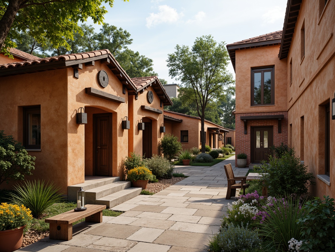 Prompt: Rustic community center, warm earth tones, natural stone walls, wooden accents, vintage metal decorations, distressed brick facades, ornate tile roofs, lush greenery, vibrant flowers, traditional lanterns, soft warm lighting, shallow depth of field, 3/4 composition, realistic textures, ambient occlusion.