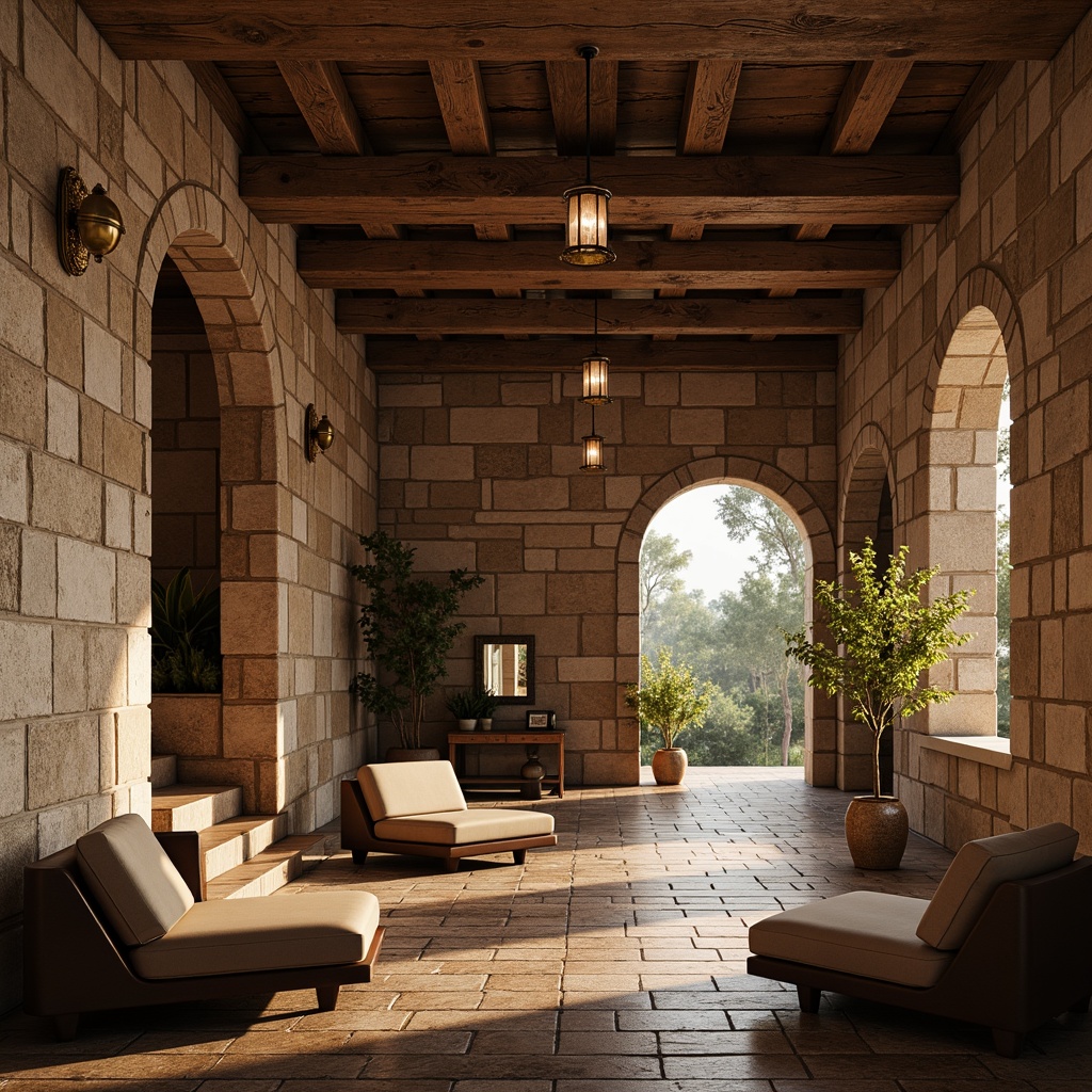 Prompt: Luxurious interior design, textured stone walls, warm earthy tones, rustic wooden accents, lavish furnishings, ornate gold fixtures, soft ambient lighting, subtle shadowing, 3/4 composition, realistic normal mapping, high-definition textures, intricate stonework patterns, natural material blending, atmospheric depth of field.