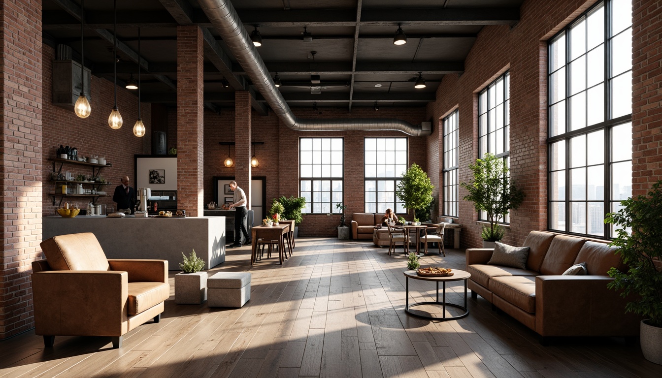 Prompt: Exposed brick walls, metal beam ceilings, reclaimed wood floors, industrial-style lighting fixtures, concrete countertops, distressed leather sofas, vintage factory chairs, Edison bulb pendant lamps, urban loft atmosphere, open-plan layout, minimal ornamentation, functional decor, raw unfinished textures, monochromatic color scheme, high ceiling windows, natural light pouring in, 3/4 composition, realistic reflections, ambient occlusion.