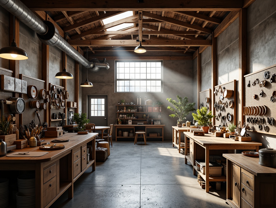 Prompt: Industrial-style workshop, exposed wooden beams, metal accents, natural light pouring in, concrete floors, functional workstations, tool-filled pegboards, eclectic decorative items, distressed wood textures, warm overhead lighting, shallow depth of field, 1/2 composition, realistic shadows, ambient occlusion.