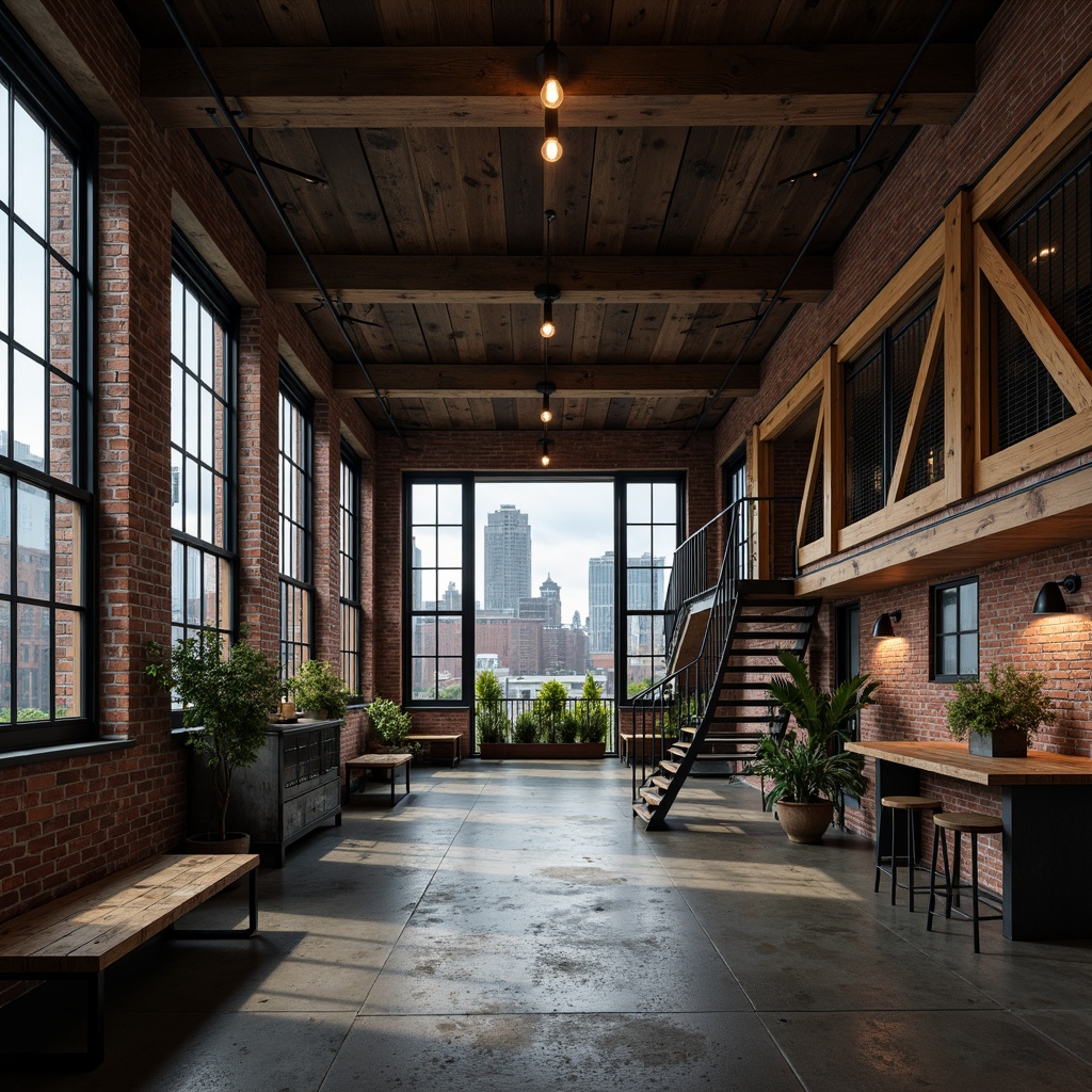 Prompt: Rustic industrial warehouse, exposed metal beams, distressed brick walls, polished concrete floors, reclaimed wood accents, vintage factory windows, metal staircase, Edison bulb lighting, urban cityscape, cloudy day, dramatic high contrast, shallow depth of field, 1/1 composition, symmetrical framing, gritty textures, ambient occlusion.