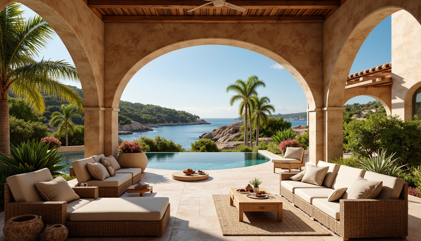 Prompt: Warm Mediterranean villa, curved archways, rustic stone walls, terracotta roofs, lush greenery, vibrant bougainvillea, sun-kissed patios, azure blue waters, sandy beaches, driftwood accents, distressed wood furniture, natural linen fabrics, earthy ceramics, warm beige stucco, soft golden lighting, shallow depth of field, 1/1 composition, realistic textures, ambient occlusion.