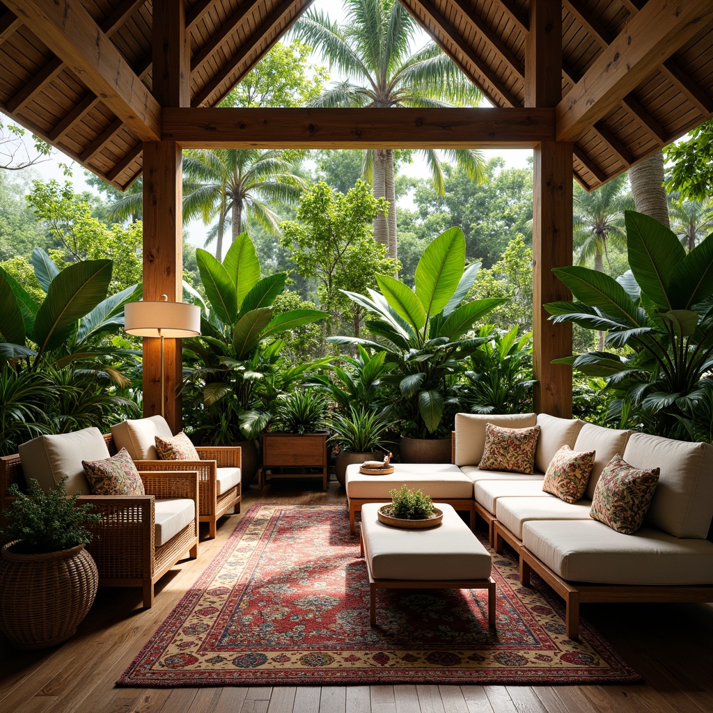 Prompt: Tropical island vibe, lush greenery, exotic wood furniture, woven rattan chairs, plush velvet sofas, natural fiber rugs, vibrant colorful textiles, intricate geometric patterns, bamboo accents, reclaimed wooden tables, coastal-inspired decor, ocean-blue hues, soft warm lighting, shallow depth of field, 3/4 composition, panoramic view, realistic textures, ambient occlusion.