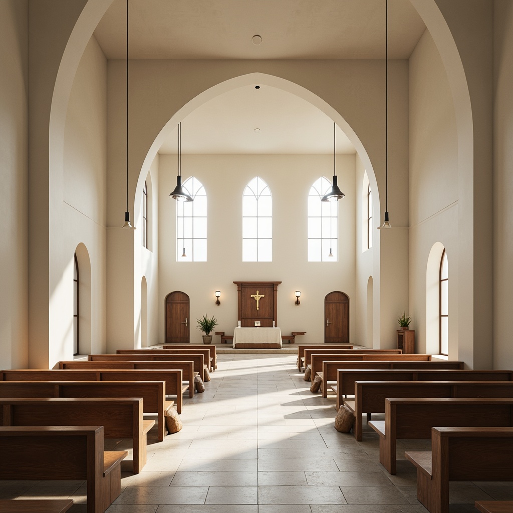 Prompt: Serene sacred space, minimalist architecture, clean lines, simple shapes, neutral color palette, natural stone floors, wooden accents, subtle textures, soft diffused lighting, calm atmosphere, peaceful ambiance, open floor plan, minimal ornamentation, functional simplicity, spiritual connectivity, worship area, pews, altar, stained glass windows, vaulted ceiling, gentle curves, harmonious proportions, 1/2 composition, warm color temperature, shallow depth of field, realistic rendering.