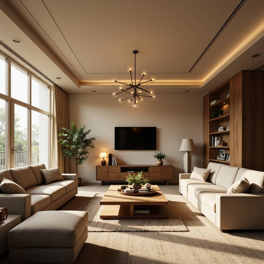 Prompt: Modern living room, cozy atmosphere, warm beige walls, comfortable sofas, sleek coffee table, elegant chandelier, soft warm glow, layered lighting, floor lamps, table lamps, recessed lighting, natural textures, minimalist decor, calm ambiance, afternoon sunlight, subtle shadows, 1/2 composition, realistic rendering.